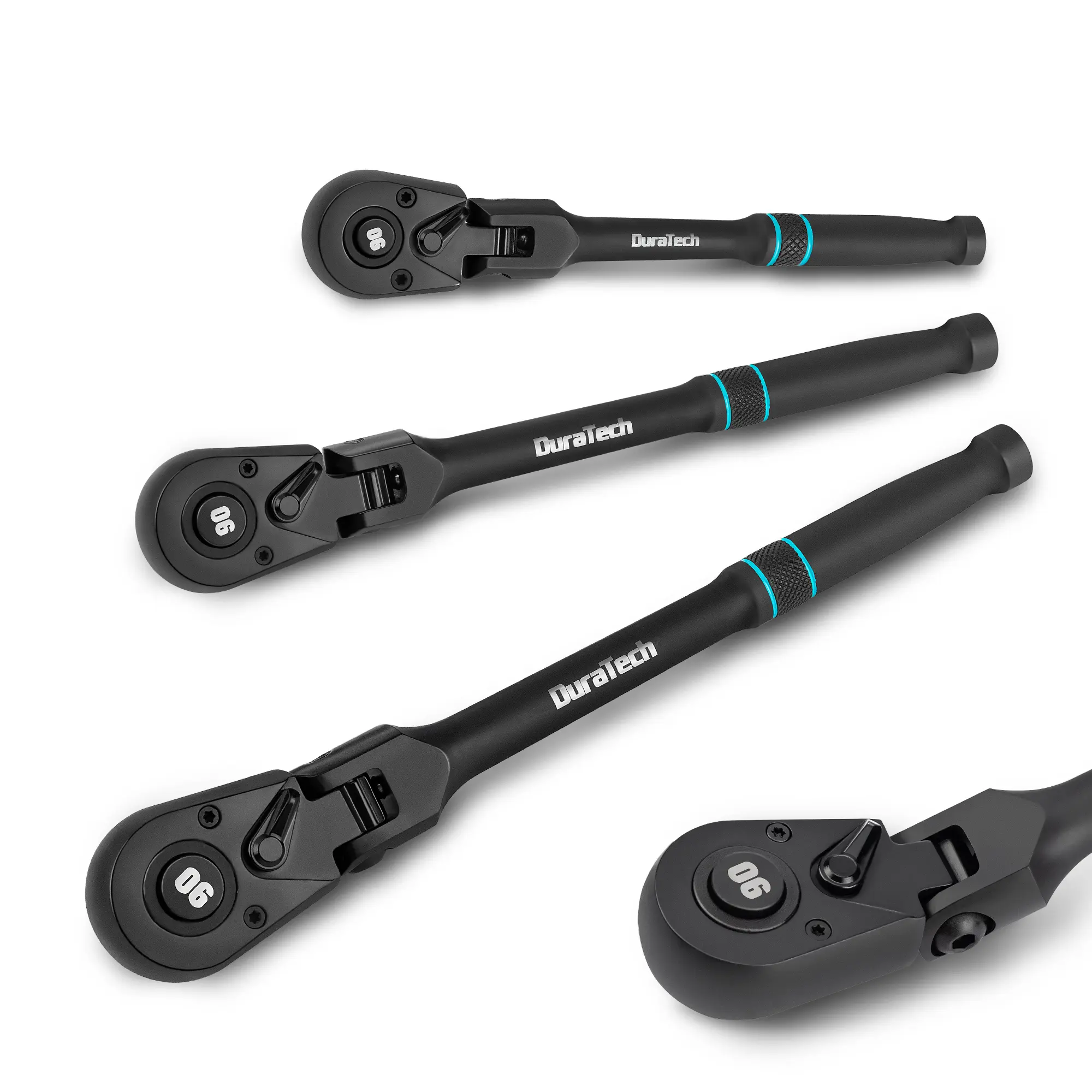 #fathersdaygift DURATECH 3-Piece Flex-Head Drive Ratchet Handle, 1/4", 3/8", 1/2" 90-Tooth Quick-Release Ratchet Wrench with 180° Pivoting Head & 7-Position Setting, Reversible, CR-V Made, Black Mn Phosphate Finish