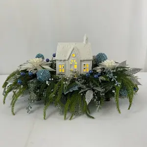Handmade Christmas Arrangement with Lighted Ceramic House - Festive Home Decor