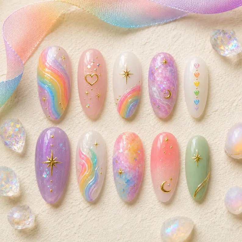 Rainbow LGBTQ Nailbox, Pastel Pride Month Flower 3D Press On Nails, Celestial Star Moon Tip Nails, Vacation Trip Holiday Birthday Gift