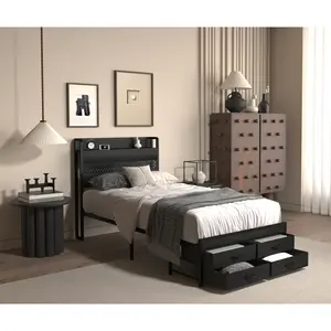 ARCH Twin Bed Frames with Headboard, Twin Size Bed Frames with Storage Drawers, Twin Bed, Black Metal Platform Bed Frame, Single Bed Frame, No Box Spring Needed