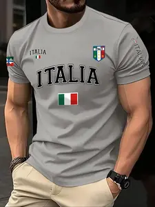 Men's Italy Flag & Letter Print Round Neck Tee, Regular Fit Casual Short Sleeve T-shirt for Summer, Men's Top for Daily Wear