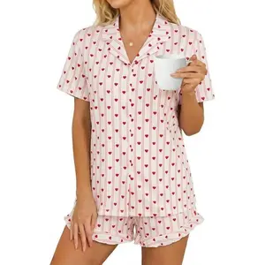 Marvmys Women Short Sleeve Pajamas Set Button Down 2 Piece Pjs Shorts Set Ruffle Lounge Set Sleepwears S-XXL#Summervibes