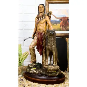 Southwestern Tribal Indian Warrior Chief With Gray Wolf Collectible Figurine