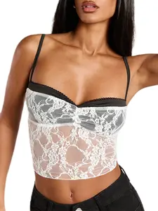 Seya Lace Bralette Crop Top for Women Y2k Cami Tank Top with Adjustable Spaghetti Straps & Elastic Thin Mesh Lace Comfortable Casual Lingerie Double Lined Sexy Tank Top Spaghetti Strap Club Party Shirt Solid