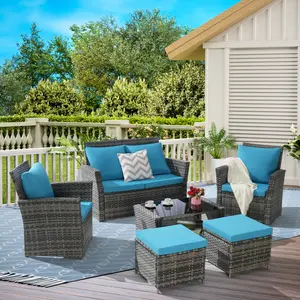 6 Pieces Patio Furniture Set, Wicker Conversation Set Rattan Sectional Loveseat Chair Set with Ottoman & Tempered Glass Coffee Table,Wicker Chairs and Table Set for Porch, Garden, Balcony