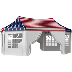 22.3' x 16.4' Heavy Duty Party Tent – American Flag. 6 Cathedral Windows + 2 Zipper Doors. PA-Coated Polyester – Level 4 UV Resistance. Heavy-Duty Steel Frame. Stakes Included
