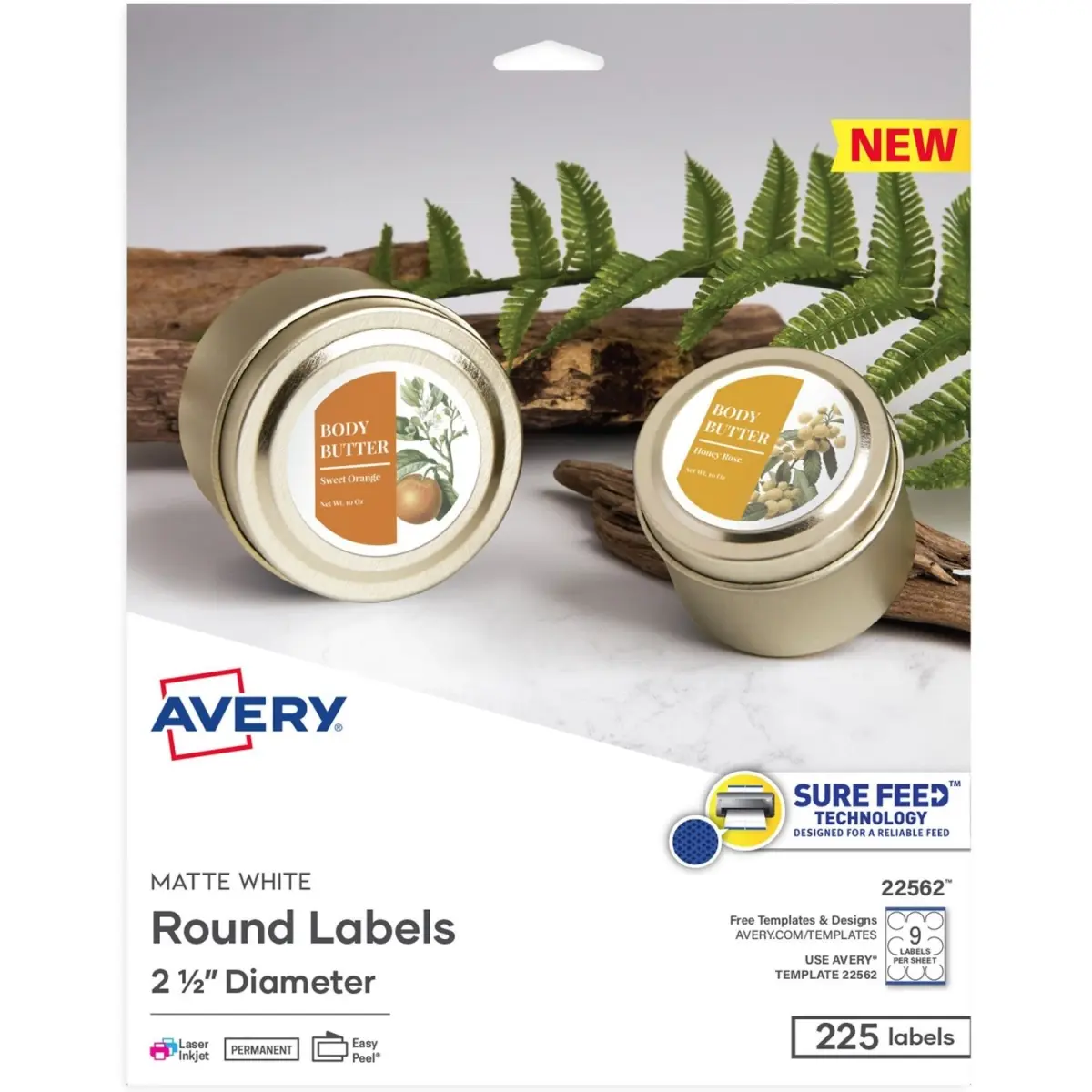 Avery 2.5 in. Round Sure Feed Labels, Matte White - Pack of 225, Customizable Sticker Labels & Stickers, Peel & Stick Labels & Stickers