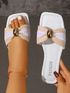 Women's square-toe bow sandals, stylish woven straps, gold oval buckle, flat summer shoes, comfortable slip-on mules.