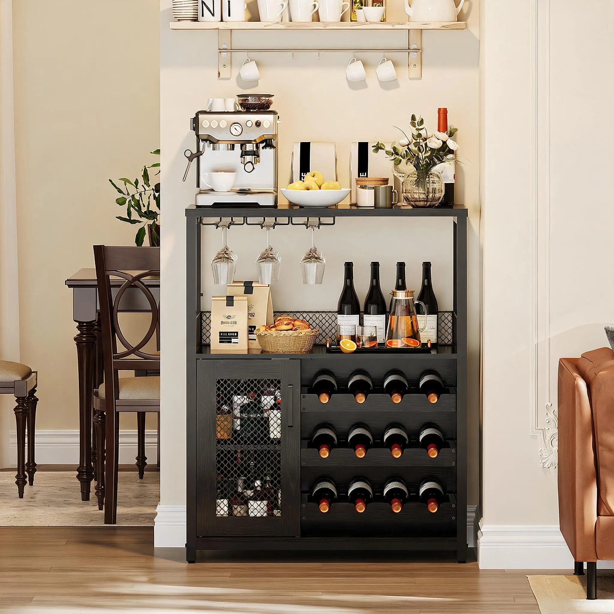 3-Tier Black Wine Bar Cabinet with LED Lights, Adjustable & Detachable Wine Rack, Glass Holder, Mesh Door, Storage – Liquor & Coffee Sideboard for Dining, Living, Kitchen – Black with Light