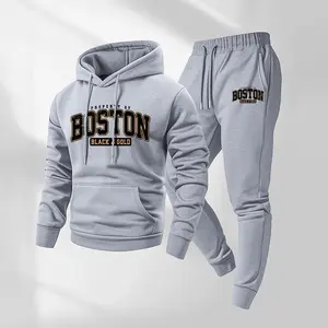 Men's Boston Printed Hoodie and Drawstring Sweatpants Set, Menswear, Casual Athletic Long Sleeve Hooded Jacket & Trousers for Fall & Winter, Men's Clothing for Daily Wear, Sportswear Indoor Outdoor, Tracksuit, Athleisure Summer Clothes