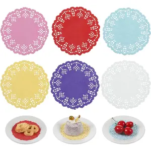 120 Pcs 3.5 Inch Lace Round Disposable Paper Doilies Placemats for Dessert Trays Tables Party Craft Wedding Birthday Cakes Tableware Decorations (6 Colors)
