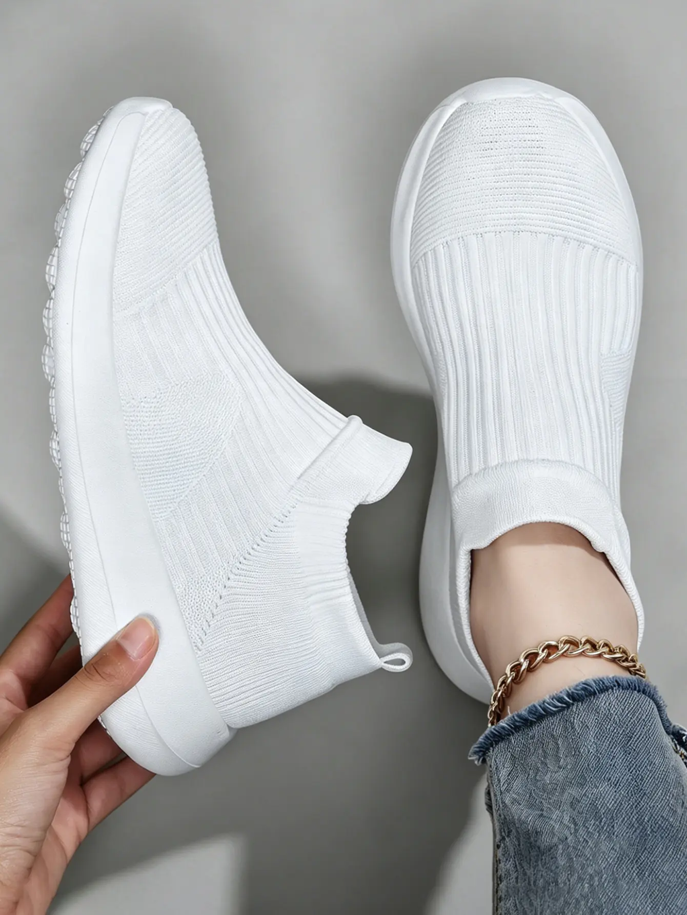 Women’s White Slip-On Sock Sneakers, Lightweight Knit Walking Shoes, Cushioned Non-Slip Casual Trainers for Daily Errands, Commute & Athleisure Wear