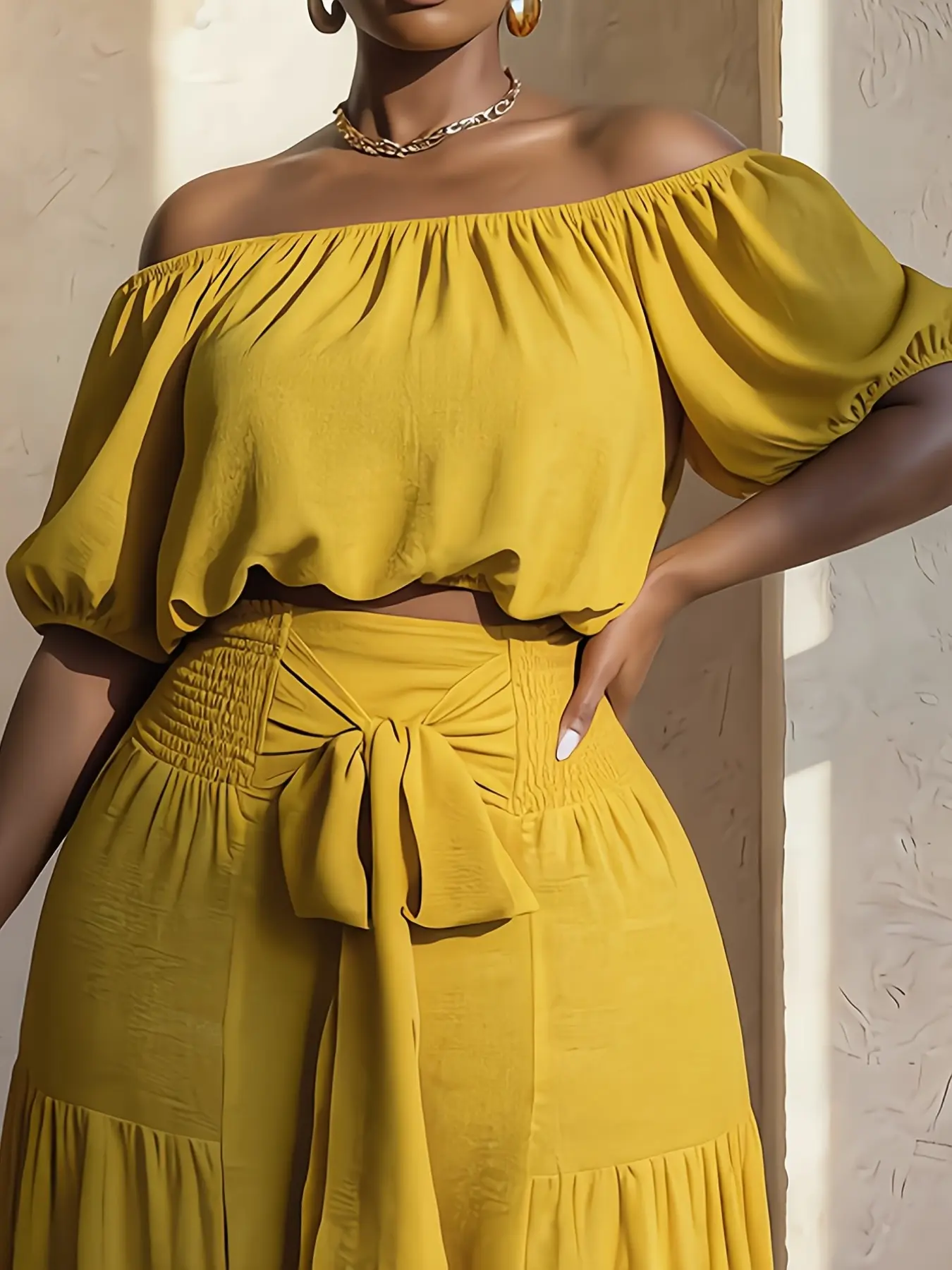 Elegant Women's Fashion Casual Boho Bohemian One Shoulder Loose Bubble Sleeve Top, Bow Tie Wide Leg Pants Set, Beach Set, Perfect for Vacation & Party