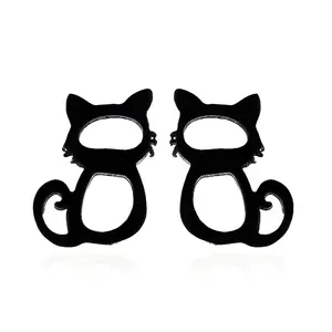 Ginger Lyne Cat Earrings for Women Small Black Plated Stainless Steel Kitty Studs Pet Jewelry