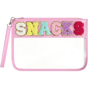 Clear Snack Bag for Travel, Chenille Letter Clear Zipper Snacks Pouch Nylon  Bag Makeup Travel Bag for Women