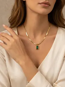 Rectangular Zircon Pendant Necklace, Vintage Elegant Style, 18k Gold Plated Titanium Steel, Hypoallergenic, Adjustable, Women's Jewelry, Adjustable Length Necklace