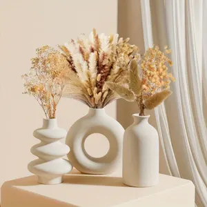 Set of 3 Boho Ceramic Vases, Oblong Shaped, White, Decorative Vase Trio for Home Decor and Centerpieces with Dried Flowers and Persian Grass