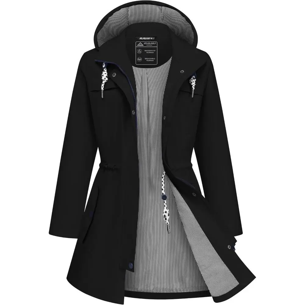 Women's Plaid Style Smooth Cow Garment Waterproof Polyester Rain Jacket - Lightweight Hooded Zippered Trench Coat for Outdoor Travel, Raincoat, Adjustable, Soft, Drawstring, Elegant, Striped, Casual, Long Sleeve, Rain Coat, Comfortable, Solid, Stripes, Ca