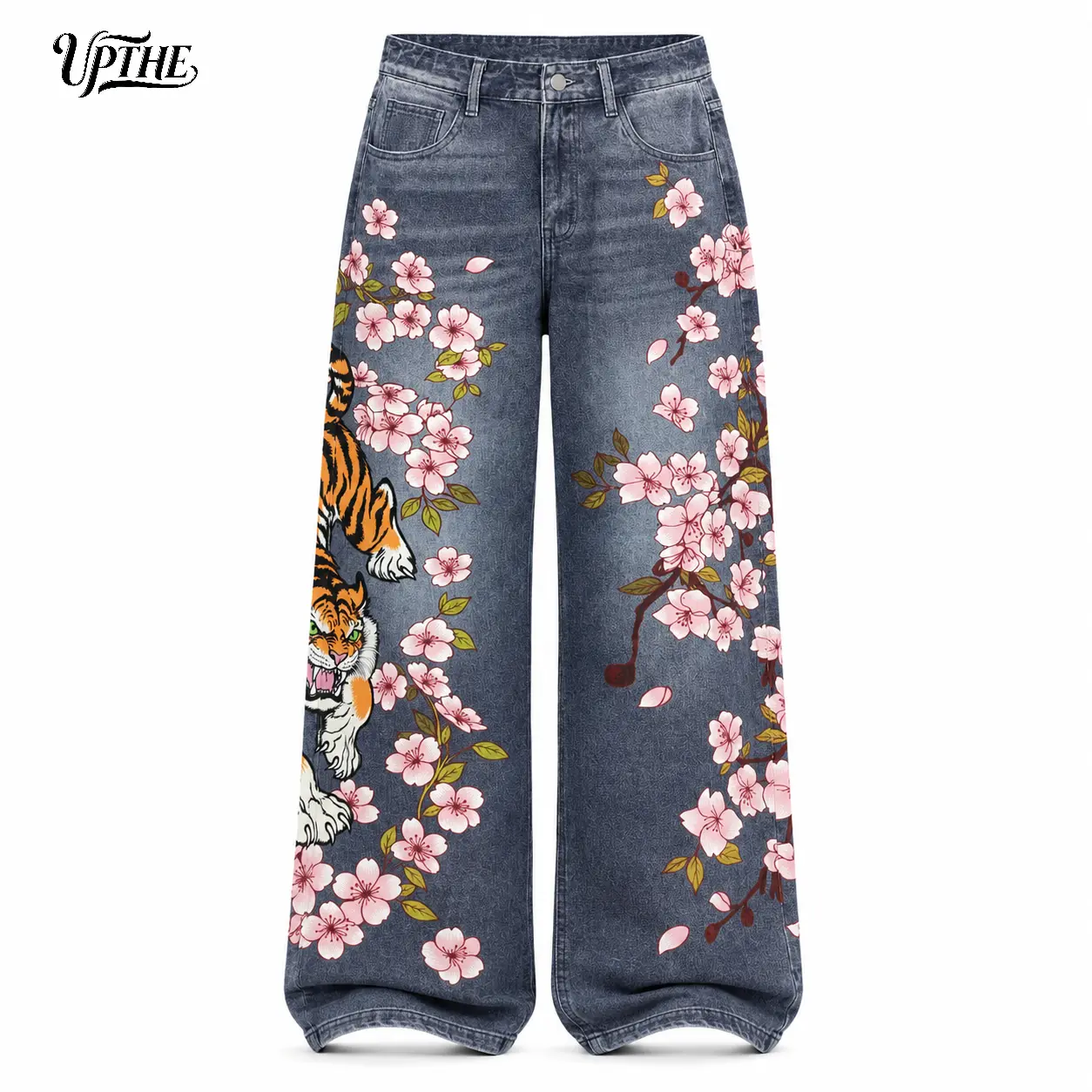 UP.THE Japanese Ukiyo-e Sakura Tiger Full Print Oversized Wide Leg Baggy Jeans Men Dark Raw Wash Stacked Denim Pants Y2K Hip Hop Oriental Streetwear Daily Casual Outfit