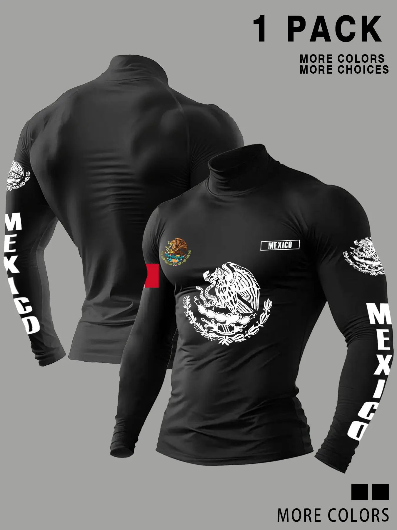 Men's Mexico Eagle Graphic Compression Turtleneck Long Sleeve Shirt, Slim Fit Short Sleeves, Ideal for Workouts & Daily Wear, Compression Shirts