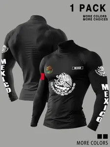 Men's Mexico Eagle Graphic Compression Turtleneck Long Sleeve Shirt, Slim Fit Short Sleeves, Ideal for Workouts & Daily Wear