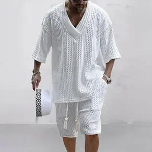Spring and Summer Casual Shorts Set Knitted Two Piece Men's V-neck Short Sleeve T-shirt and Shorts Street Wear Knitted Set