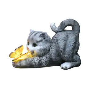 Cat Solar Garden Statue Solar Cat Statues with Illuminated Butterfly Housewarming Gift Outdoor Decoration with Cat Holding Butterfly Lawn Art Decoration for Mom Grandma for Yard Patio