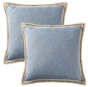 Set of 2 Blue Throw Pillow Covers Vintage Linen Trimmed Cushion Covers, 20 x20