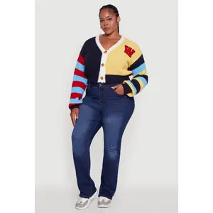 Plus Size Daisy Color Blocked Striped W Initial Cardigan