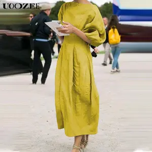 UOOZEE Women's Half Sleeve Loose Long Skirt in Solid Color Round Neck A-Line Design Viscose & Linen Blend for Summer Casual Wear ( (the size is too large, it is recommended to order a size smaller))