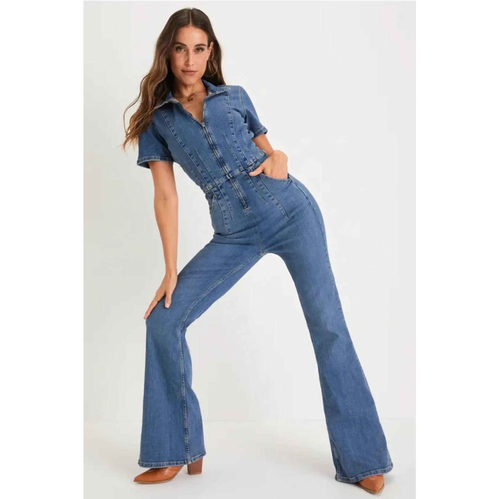 Denim Jumpsuit Flare Wide Leg Blue Jean Jumper Short Sleeve Button Stretch Long Romper Pants