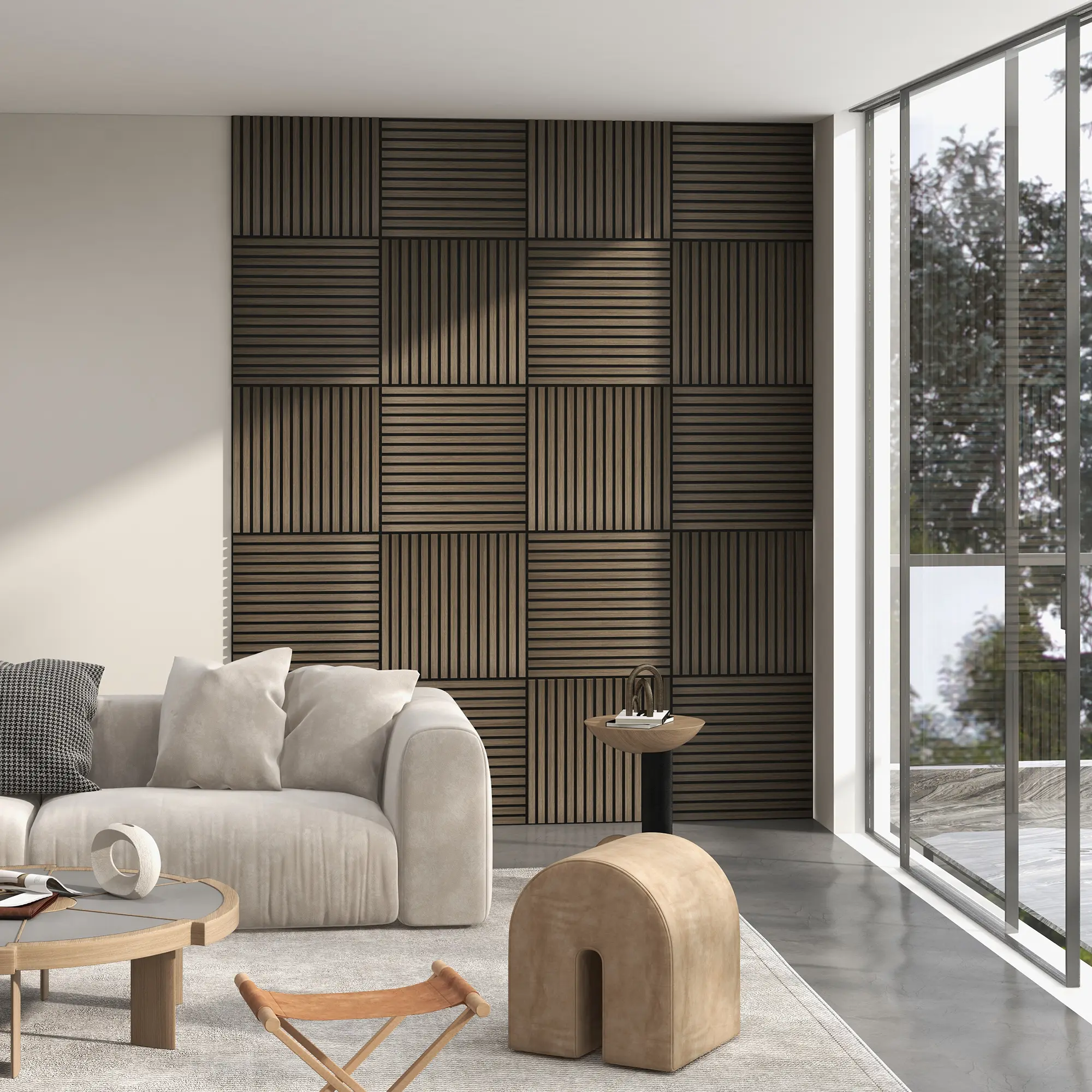 Four-piece set of brown 24×24-inch slat wall panels crafted from MDF and high-density polyester fiber to enhance the viewing experience in home theaters and daily leisure spaces.
