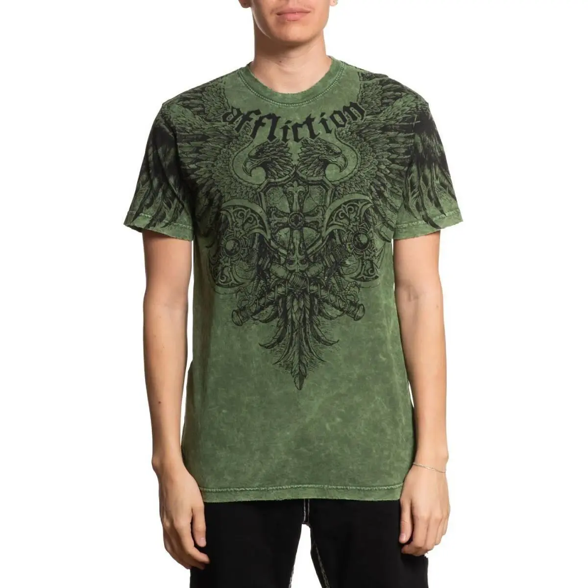 Affliction Men's Alpha Strike Military Green Heavy Lava Wash Short Sleeve T-Shirt Tee