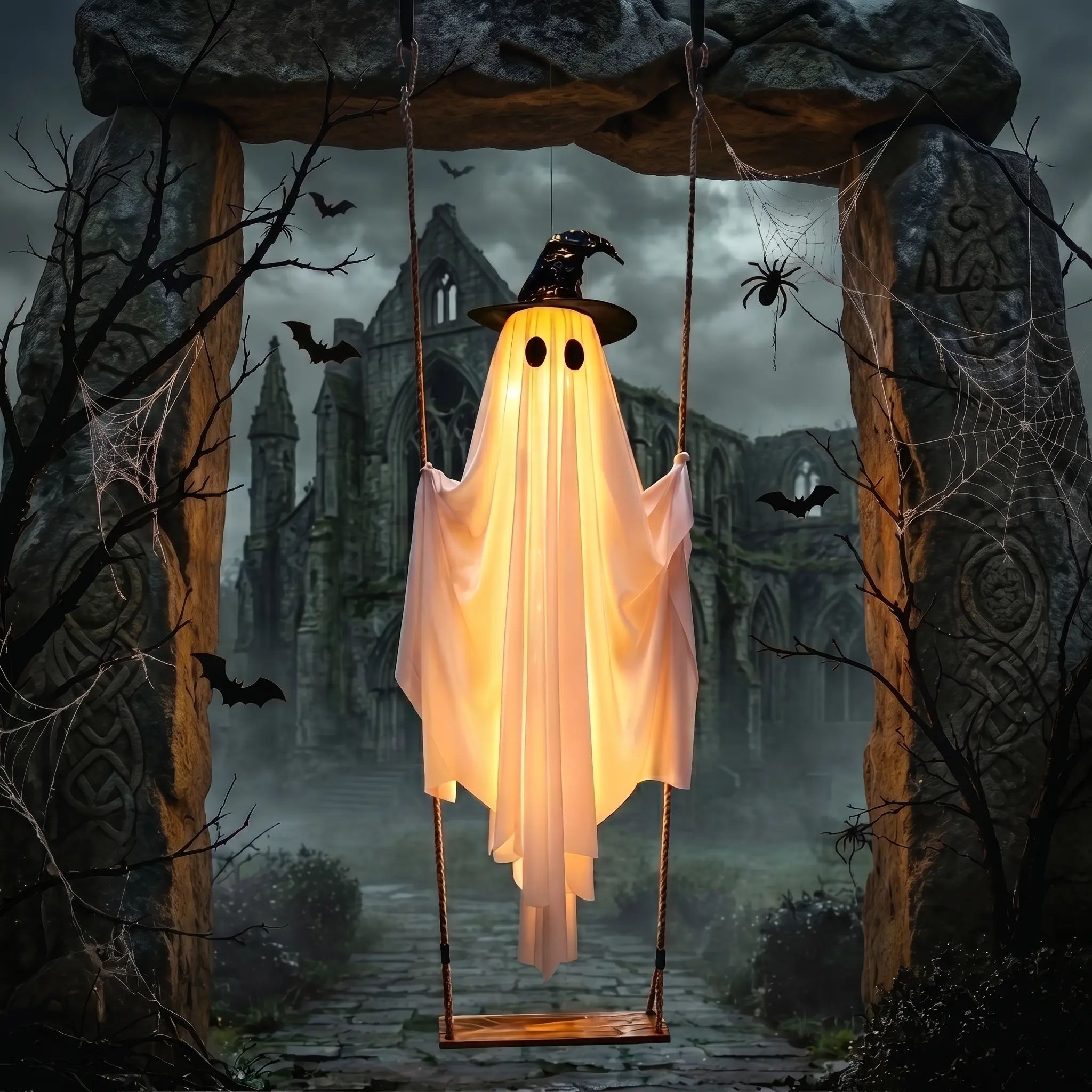 Magical Ghost Theme Halloween Decorations Outdoor - Swinging Ghost Ornament with Glowing Witch Hats, String Lights, Hanging Swing, LED Garden Decor for Front Porch, Home Event Supplies, Festival Decoration
