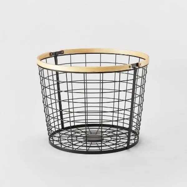 Round Black Wire with Natural Wood Handles Floor Basket - Brightroom