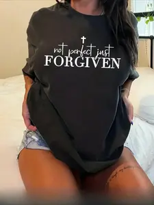 Vintage Washed Oversized Graphic Tee, Not Perfect Just Forgiven Christian T-Shirt, Retro Faith Based Short Sleeve Top for Women, Trendy Religious Statement Shirt, Comfort Colors Style Apparel, Perfect Gift for Believers, Daily Outfit