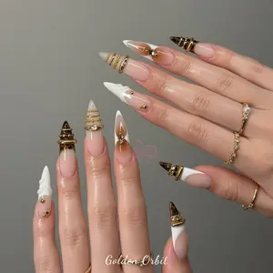 Golden Orbit Chrome - Nude Brown & White Stiletto, Handmade Reusable Glossy Acrylic Gel Fake Nail Set, Women's Luxury 3D Flower Press on Nails, Y2K Glam, ColorFX, Trendy Gift for Her, Gift for Teen Girls, Cute Party Daily Wear Vacation
