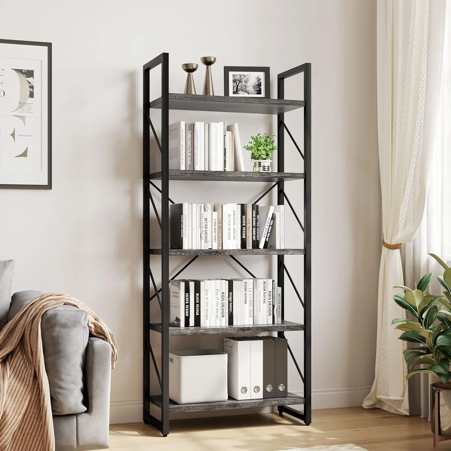 Yitahome 5 Tiers Bookshelf, Industrial Artsy Grey Bookcase Bookshelves, Storage Rack Shelves Books Holder Organizer for Movies in Living Room Home Office, Charcoal Gray + Black