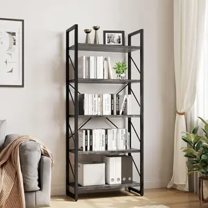 Yitahome 5 Tiers Bookshelf, Industrial Artsy Grey Bookcase Bookshelves, Storage Rack Shelves Books Holder Organizer for Movies in Living Room Home Office, Charcoal Gray + Black