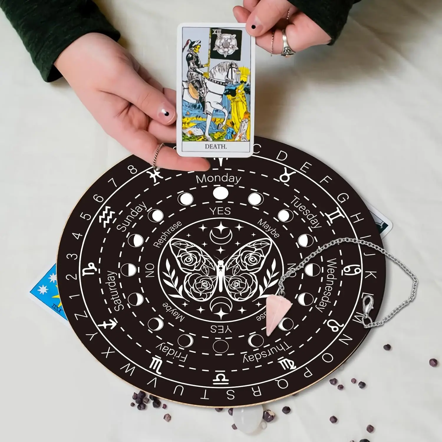 3-piece set of wooden divination board metaphysical message board, with cone-shaped crystal pendulum pendant, crystal pendulum necklace, lively butterfly circular wooden divination board, spiritual decoration, home decoration, Intuitively Chosen Crystals