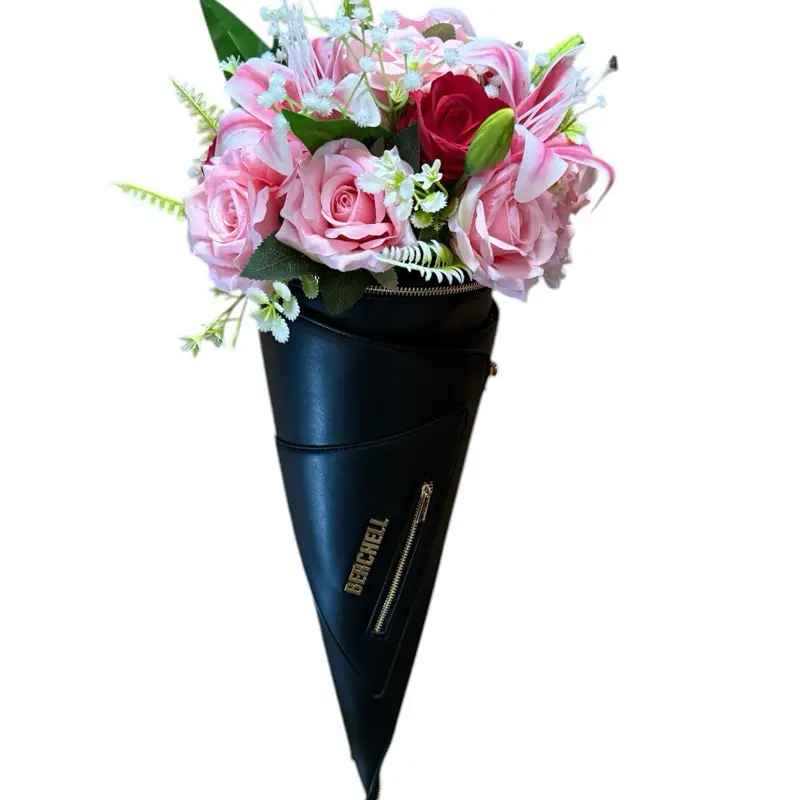 Afrooklyn Berchell Designer Bouquet Bag – Detachable & Interchangeable Pink Floral Arrangement Gift with Black Vegan Leather and Artificial Flowers, Crossbody Bag with Snap-on Flowerbed and Multiple Pockets