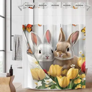 1PC/4PCS 2D Flat Printing Happy Spring Rabbits and Flowers Patterned shower curtain, home bathroom decor, shower curtain set with 12 hooks, non-slip bathroom rug, U-shaped toilet seat cover, toilet seat mat.