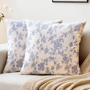 Cotton Pastoral Floral Throw Pillow Covers 16x16 Set of 2, Square Farmhouse Style Soft French Blue Outdoor Decorative Pillows for Couch Bed Chair Living Room Farmhouse Decor, (Blue, 16x16)