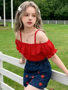 Girls' Two-Piece Set Off-Shoulder Ruffle Top with Strawberry Embroidered Denim Shorts, Summer Sweet