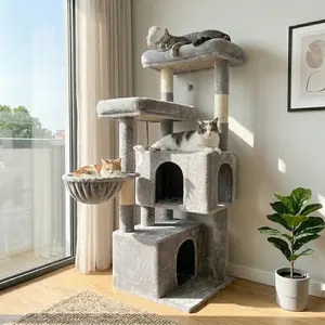 55” Space-Saving Cat Tree Tower with Large Perch & Hanging Basket | Multi-Level Condo for Indoor Cats with cozy plush cat perch