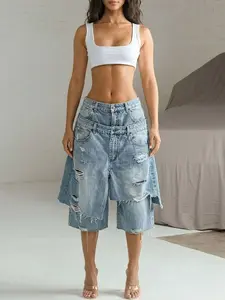 Magic Mia Women's Deconstructed 2 In 1 Denim Shorts - Low Rise Vintage Wash & Asymmetric Distressed Rips |   Edgy Streetwear Shorts For Concerts, Night Out, Party & Daily Casual
