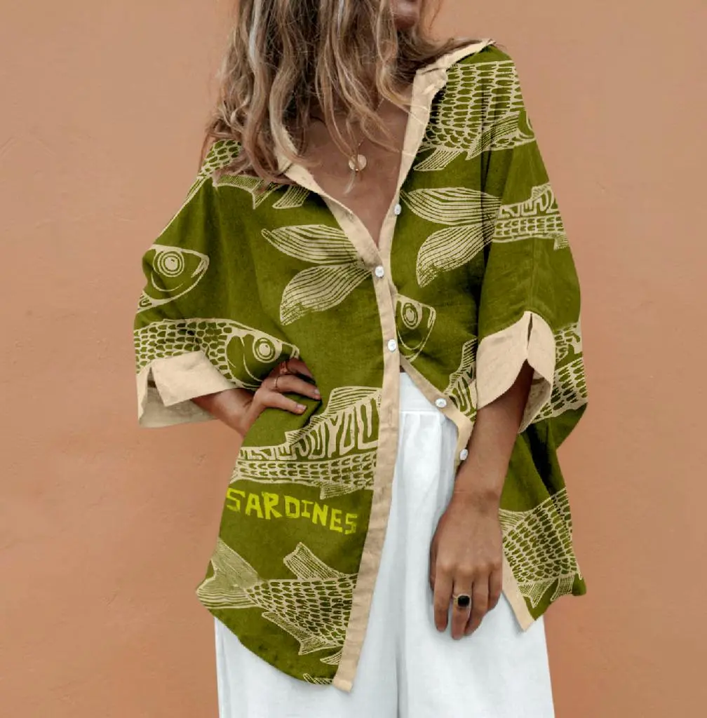 Women's Aesthetic Vintage Sardine Print Blouse Top - Soft Breathable Fabric, Casual Loose Fit, Color Block Design, Lightweight Vacation Shirt (Khaki, Olive Green, Navy), Blouses