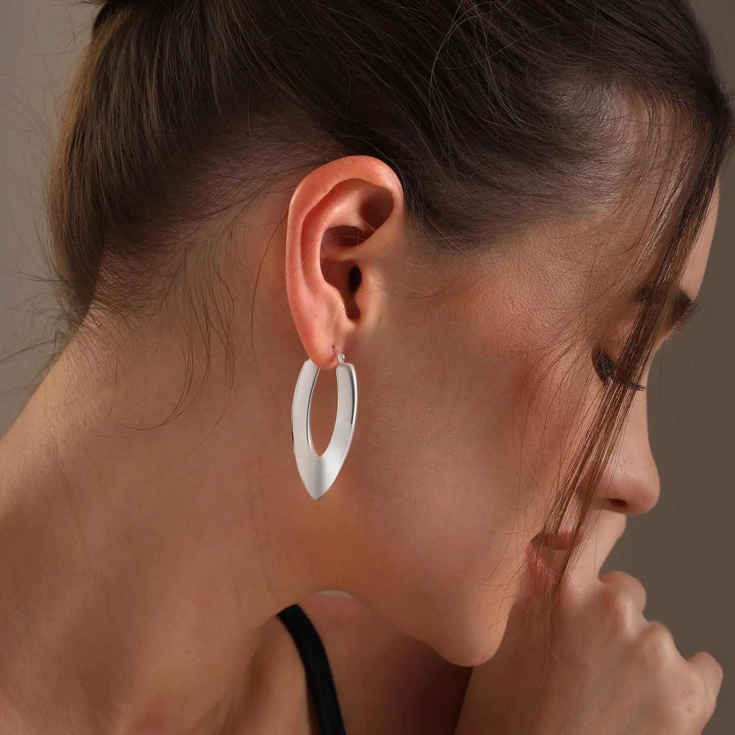 LeCalla 925 Sterling Silver U-shaped Hoop Earrings for Women | Large Vintage Design Oval Shaped Click-Top Hoop Earrings | Women's Oval Puff Hoops 45MM
