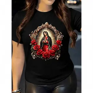 New Women'S Printed Round Neck Short Sleeve Casual T-Shirt, Spring And Summer Fashion, Featuring a Virgin Mary Praying Among the Roses, Perfect As a Gift for Sisters Or Wives.