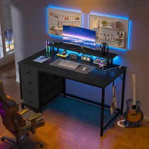 【LaborDaySale】Raybee 48 Inch Gaming Desk With Power Outlets & LED Lights, Computer Desk with 4 Drawers & Storage Shelves & Monitor Stand, Corner Home Office Desk Table with Power Outlets, Vintage